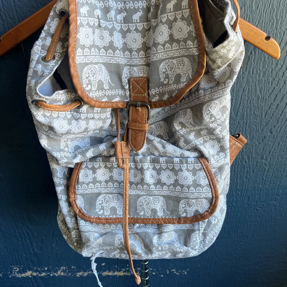Gray Elephant Print Backpack with Brown Accents